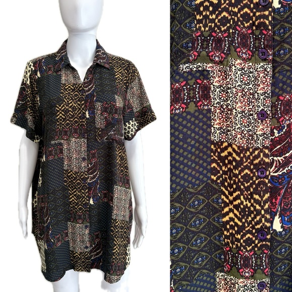 Caffe Marrakesh Patchwork Tunic Shirt Plus Size 1X Short Sleeve Button Down - Picture 1 of 14